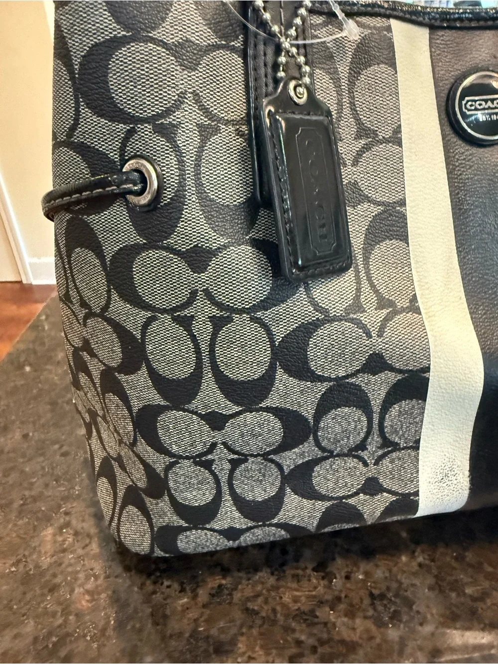 Coach Gray and Black Signature Stripe Tote